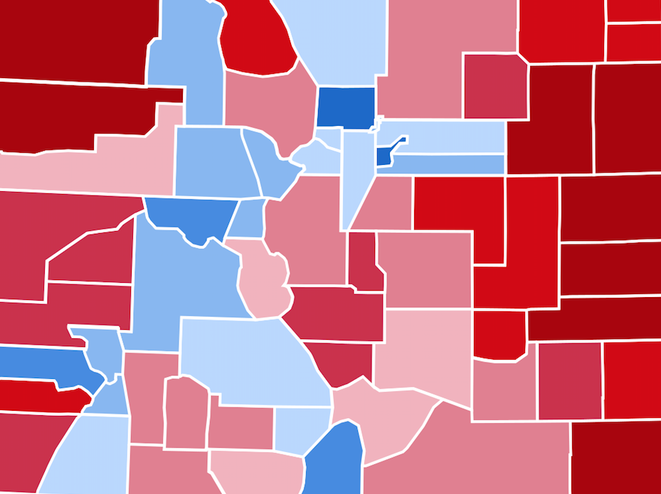 2016 Colorado senate election results broken down by districts; blue being democratic victory and red being conservative.