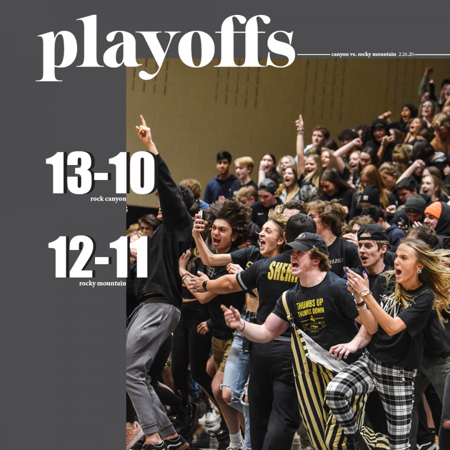 Promotional post featuring the rank of Rock Canyon and Rocky Mountains basketball teams. They face off Feb. 26, 2020 in a playoff game. Design by Amanda Brauchler