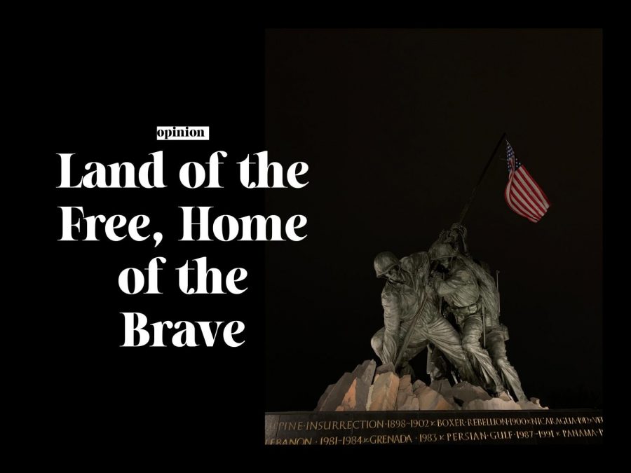 A photo of the Marine Corps war memorial in Washington D.C., a statue of Joe Rosenthals photo of the six Marines raising the flag at Iwo  Jima.