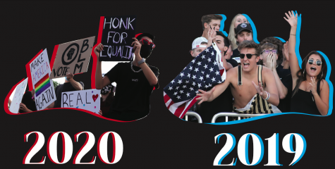 (Left Image) Jacob Aragon ‘21 protests against President Trump outside the post office Sept. 18. 2020. After a pro-Trump rally the day before, Aragon and Amanda Brauchler ‘21 were inspired to launch a counter-protest. “Throughout this entire year, there’s been a lot of people giving out their voice when it comes to issues they’re passionate about and the other day we saw people who support our current president, so we got their voice, so we wanted to gather some people and speak in opposition to that and exercise our rights, Aragon said. We’re speaking out spreading love, we’re speaking about voting, settling for Biden, all about love and respect for people and their races and all of that.”
(Right Image) Golden Boy, Dani Haddad ’20 prepares in anticipation to catch the senior megaphone at Echo Park during the Homecoming Football game Sept. 19. 2019. He led chants throughout the bleachers to cheer on the football team. “It was crazy, everyone was screaming and the school spirit was amazing! I was so excited to be at the game and show support for our team,” Nikhila Naryana ‘22 said.
The stark changes one year can have on student voices are conveyed in this piece through the juxtaposition of a photo from last October’s football game with an image from this October’s student-led anti-Trump protest. This piece was created to drawing focus to the students themselves, with a color behind them representative of the crowd’s tone. 2019’s blue is a soft hue of stability and health, while 2020’s red is a pigment of passion and drive, reinforcing the concept of growth and maturity in our teenage motives.
