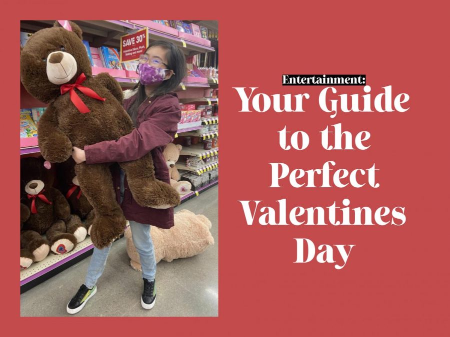 Karisma Leung ‘22 holds up a giant teddy bear in King Soopers Feb. 13. The shelves were stocked with different sizes of bears and other stuffed animals to market Valentine’s Day presents. “I think Valentine’s Day is really cool because we get to give each other kind or funny gifts,” Leung said.