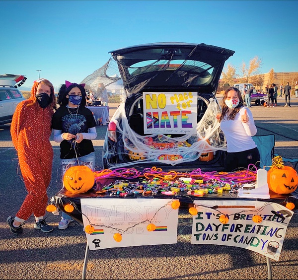 Piper Smith 24, Alisha Pravasi 21, and Sara Smith 21 pose for a photo at No Place For Hates Truck or Treat stand. “I hope this club decreases the number of bullies and increases the number of positive students!” Smith ‘24 said. “It really makes a difference to people when you see them feel so confident about themselves. The members work very hard to make sure this happens.”