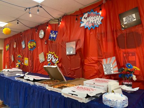 The Staff lounge decorated for a super hero pizza party 19 April 2021.