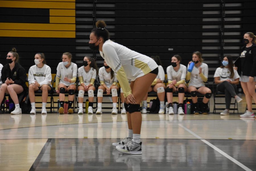 Alivia Eikenberg '25 prepares to play the next point on Sept. 8 at the game against Arapahoe Highschool. Eikenberg prepared to pass the serve receive ball while she played back row. 