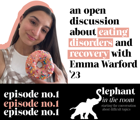 Cover image for episode one of the Elephant in the Room podcast, featuring Emma Warford 23 in a discussion about eating disorders and recovery.