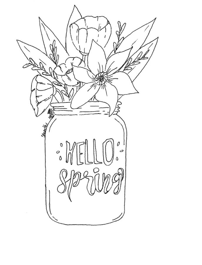 "Color Into Spring" coloring page graphic.