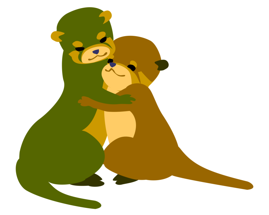 A graphic shows two otters hugging. 