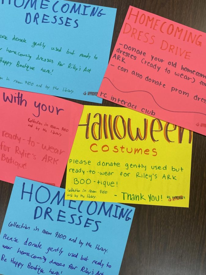 Posters advertising the dress and costume drives were posted in the hallways  Oct. 10. Students in Interact Club received community service hours for creating and distributing the signs. If people donate to the boxes in Ms. Mosss room or outside the library, reshare our Instagram posts, or join Interact, it helps! If they join Interact, they can earn volunteer hours while helping to organize the project, Vice President Kaeli Nallathamby 24 said.