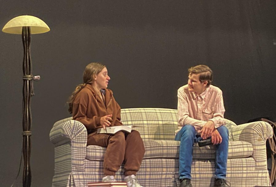 Stella Catalano ‘24 and Oliver Conard ‘24, the mother and father of Jesse (played by Katelyn Falcon ‘24) in “Distracted,” talk to each other about if their child could have Attention Deficit Disorder (ADD) or Attention Deficit Hyperactivity Disorder (ADHD) in their final dress rehearsal Nov. 2. Catalano’s character believes that Jesse could have one of these disorders while Conard’s character believes that their son is just being a kid which causes them to argue about the different ways in which they should approach the issue with their child. “Theater has given me a place where I can be myself and express my emotions in creative ways,” Conard said. 