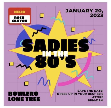A graphic displays information for Sadies in the 80s. The graphic was posted Nov. 30. The dance will take place 8 p.m. to 11 p.m. Jan. 20, 2023, at the Lone Tree Bowlero.
