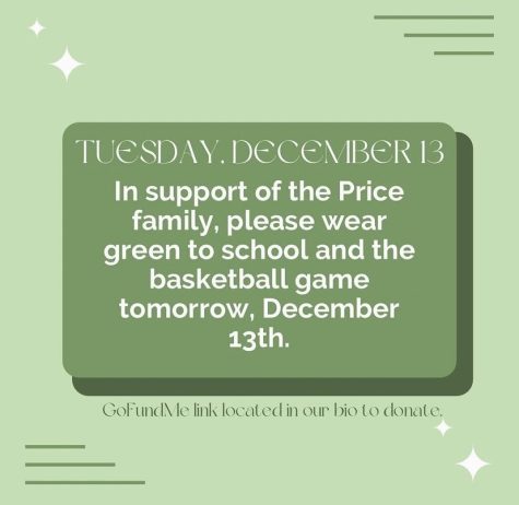A graphic announces the Green Out for Dec. 13 on the Student Council social media, posted Dec. 12. The Green Out, organized by students at both Rock Canyon and Cherry Creek High School, encouraged both communities to wear green to school and the basketball game to show support for the Price family.