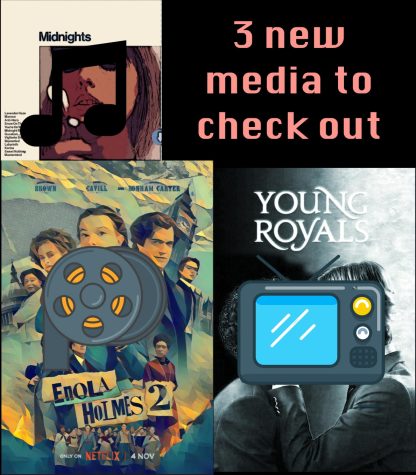A graphic depicts several new entertainment releases, such as the cover of Taylor Swifts album Midnights, the movie Enola Holmes 2, and the television series Young Royals.