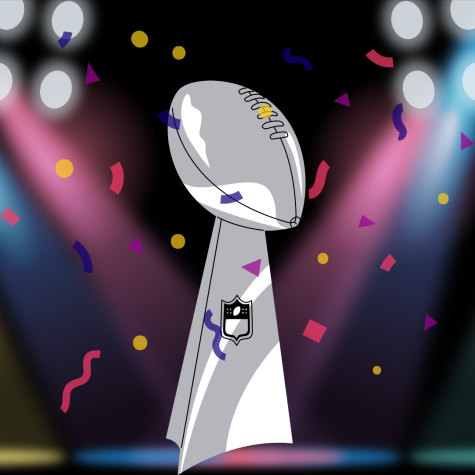 A graphic portraying the Super Bowl trophy introduces information about the upcoming Super Bowl.