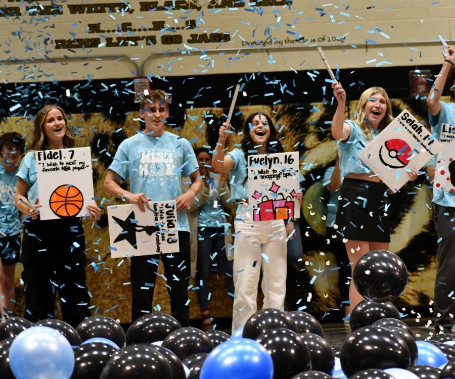 Student Council members Kate Shupe ‘24, Brady Hill ‘24, Izzy Harris ‘24 and Claire Coddington ‘24 stand in front of the student section at the Wish Week assembly as balloons and confetti rain from the air April 7. During the assembly, Student Council announced that the school raised $60,992.33, granting seven more Wishes in addition to Fidel’s Wish. “I think this Wish Week was so much fun. The decorating was awesome and it was super great to see Fidel involved this year,” Coddington said. “Decorating the pods for Fidel’s Wish was great, and seeing his reaction to the [Charlotte] Hornets pod was cool and worth the whole process.”