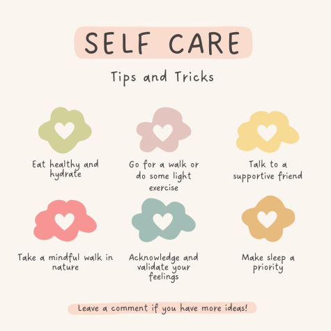 A graphic depicts tips, tricks, and several methods of self-care.