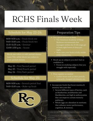 The featured image for the article displays the Finals Week schedule. Click for full screen.