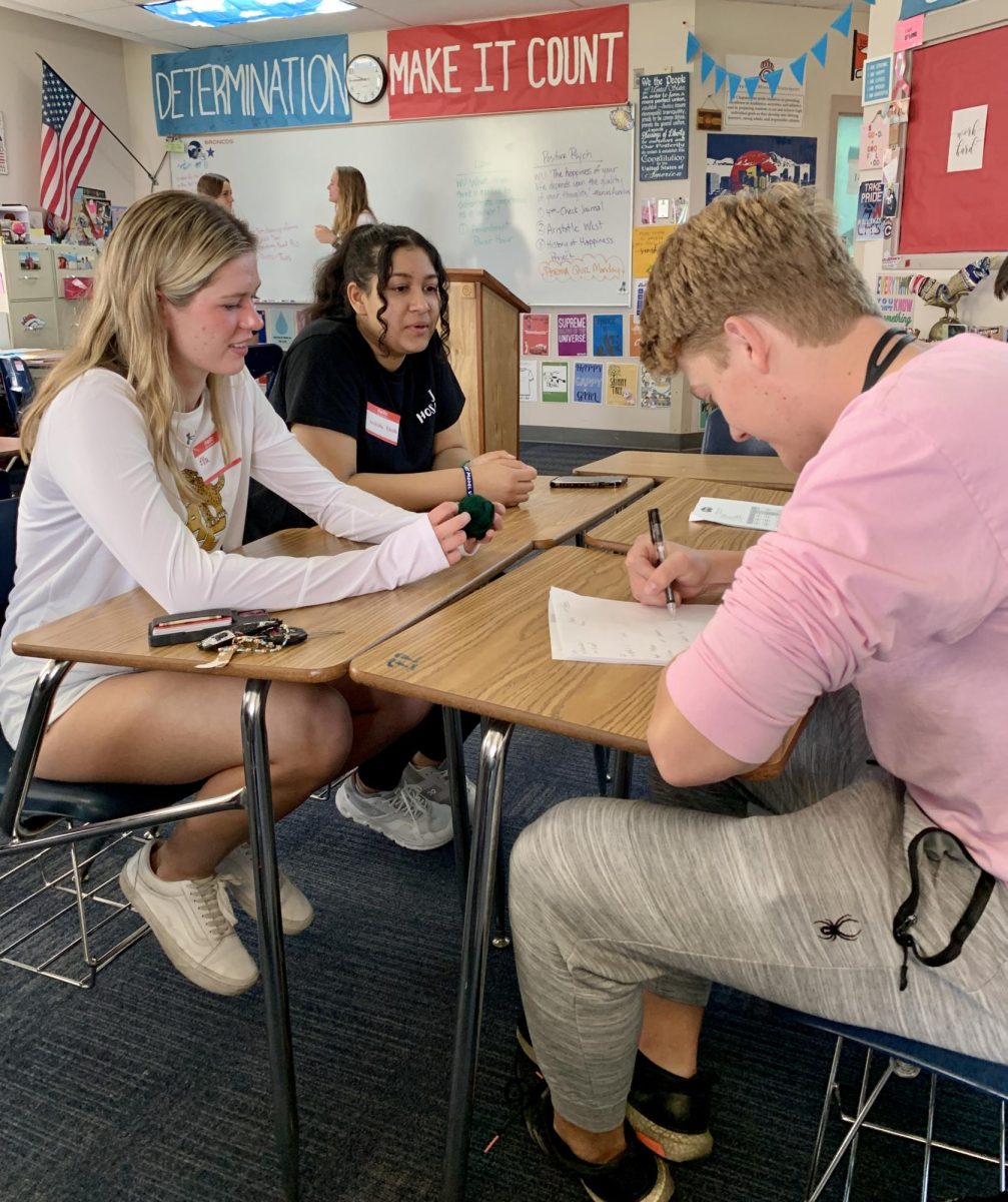 Reagan Kerstiens ‘24 works with Ella Bendle ‘24 to brainstorm school spirit events at the inaugural Continental League Fall Super Summit at Chaparral High School Aug. 26. The summit ran from 9:00 a.m. to 2:00 p.m. and consisted of free breakfast, three 40-minute morning sessions, lunches from truck lunches and a final fourth session for each school to discuss what they learned that day. Over 55 Jaguars attended. “We went around listening to different speakers or student-led discussions. The first one talked about advertising and how schools have different strengths. Then, I went to a business panel with a few speakers, most of them in the construction industry, talking about the struggles of running your own business and the importance of networking. There was also a speaker, he was ex-military, telling us some of the important characteristics of leaders,” Kerstiens said. “I think [the summit] was a good opportunity, I’m glad I got to learn some new things.”