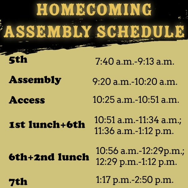 The schedule for tomorrows classes and Homecoming Assembly.