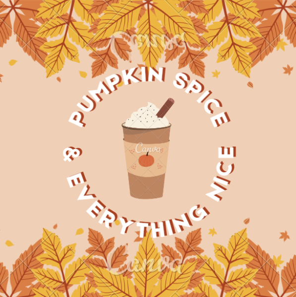 Graphic displays a fall-themed aesthetic with a pumpkin spice drink in the center.
