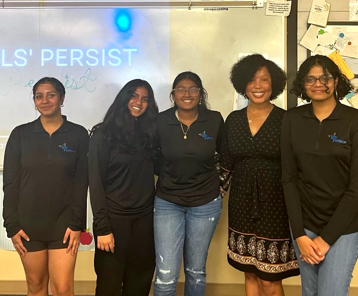 Reva Mehrotra ‘26, Ridhi Bandla ‘26, Puja Kotapati ‘26 and Bianca Saju ‘26 pose with CEO of Lady Trailblazer Inc. and Program Facilitator Carletta Stewart at the Girls’ Persist award ceremony May 16. At the ceremony, members received certificates recognizing their participation and achievements in the club. “Girls’ Persist has helped me gain confidence in my ability to speak to people even if I’m not as prepared as I wish I was,” Kotapati said.