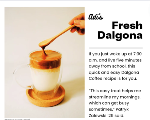A photo and title introduce Adis Recipes, starting with Dalgona coffee.