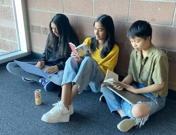 Saanvi Kirdak ‘26, Ihita Kataru ‘26 and Mai Intongkam ‘26 sit side by side under the 8000s pod’s stairway and read “A Raisin in the Sun” during Honors English II Nov. 30. “A Raisin in the Sun,” a play written by American writer and playwright Lorraine Hansberry, depicts the lives of an African American family during the 1950s residing in Chicago. Students grouped up with their tablemates and assigned themselves roles from a list of characters in the play. The class was then divided into two halves, one remaining inside the classroom to read and the other going outside into the halls. Along with participating in reading with their peers, students also analyzed the text and completed annotation assignments. “I like this activity because it allows me to spend time with my friends and I’m learning at the same time,” Kataru said.