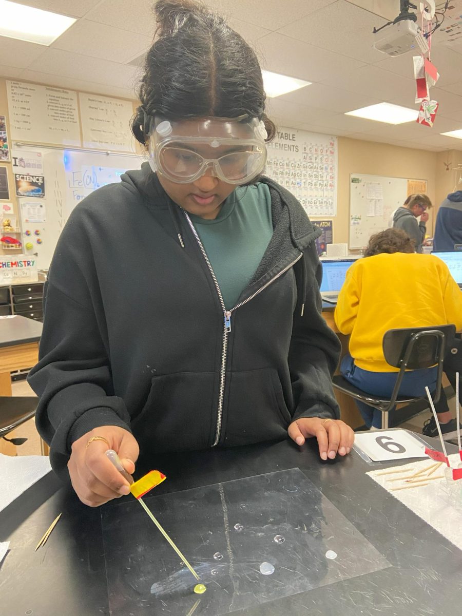 During a Naming Ionic Compounds Lab in Honors Chemistry, Puja Kotapati ‘26 adds drops of ionic compound potassium ferrocyanide into a sample of ionic compound strontium chloride Dec. 12. In the lab, students mixed different ionic compounds together, observing the chemical reactions and changes that occurred. Afterwards, students used the cations and anions of the ionic compounds in the experiment to find the chemical formulas and names of a new set of ionic compounds. “It was cool seeing the reactions, as you don’t expect a bright color from a clear liquid,” Kotapati said. Reporting by Bella Lin