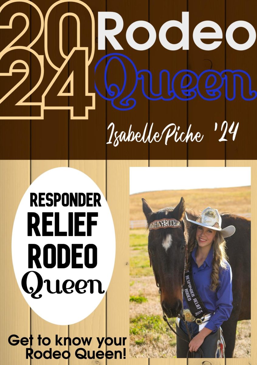The graphic depicts the 2024 Responder Relief Rodeo Queen Isabelle Piche 24 with her horse Apollo.