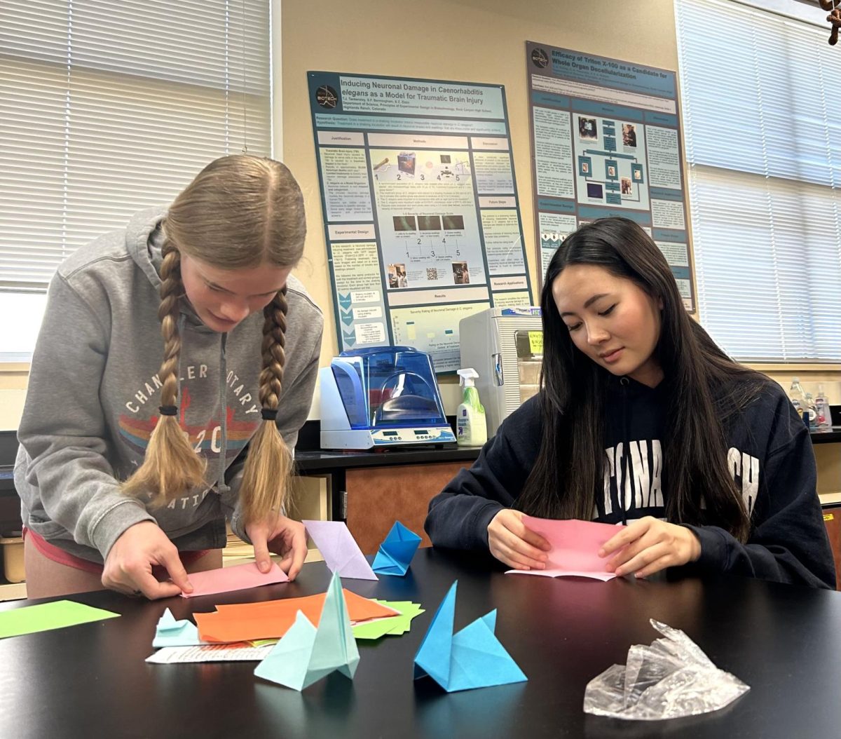 Katie Dupper ‘24 and Marabelle Cecil ‘24 fold colored squares of paper to make origami during Susanne Petri’s Seminar Feb. 1. Dupper and Cecil made origami butterflies, fortune tellers and ninja stars. “It’s like origami but for dumb people. It’s very fun and very easy,” Dupper said. “Somebody needed a piece of paper and that reminded me that I actually had a stack of origami paper. I felt compelled to create an expandable ninja star. It’s relaxing. It’s therapeutic.”