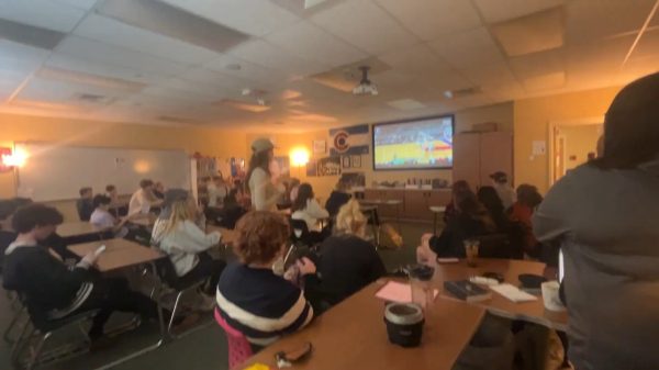 Kristin Greenleafs class watches the boys basketball game Feb. 29.