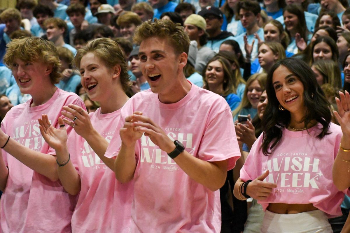 Student Council members Matt Hardin ‘24, Matthew Oros ‘24, Leah Sheahan ‘24 and Brady Hill ‘24 cheer for 2024 Wish Kid Kiki during the opening assembly March 1. According to RCTV’s video that played after the reveal, Kiki looked forward most to the Walk For Wishes parade that occurred March 2.   