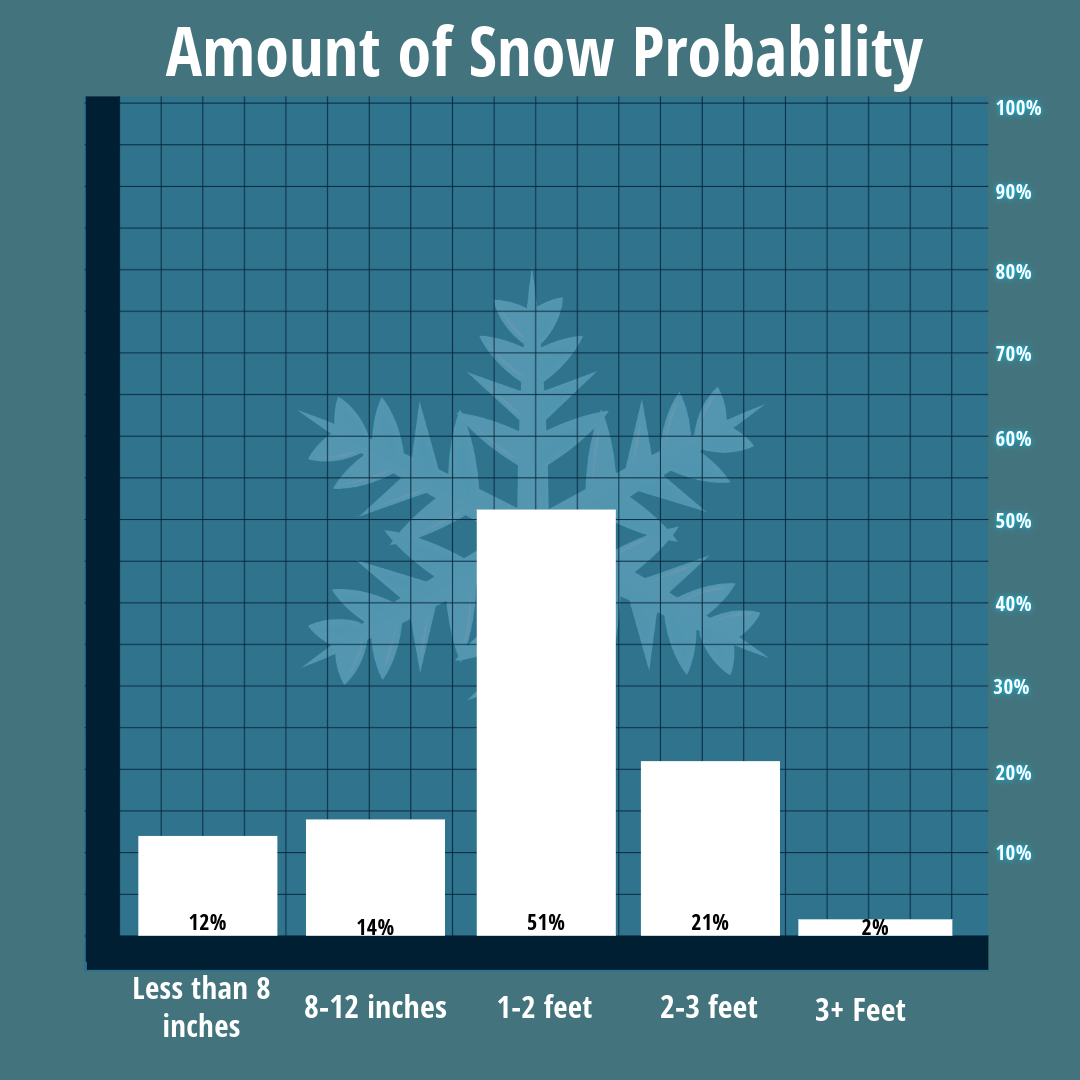 A graphic shows the probability of snowfall in inches. According to AccuWeather: Weather Alerts on the App Store, by 10:00 a.m. on March 15, there will be roughly 21 inches of snow.