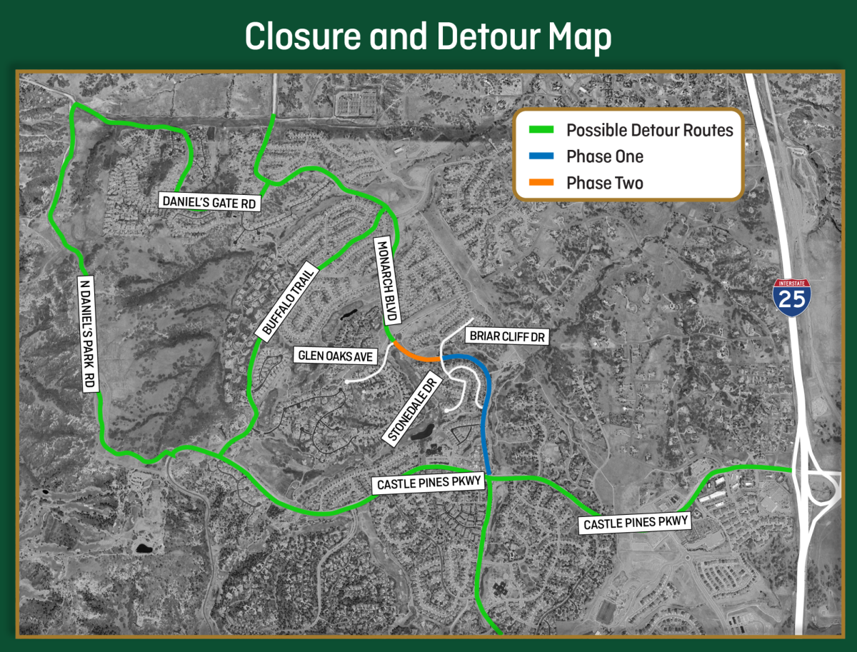 A photo shows construction plans in blue and orange, with detour routes in green available for the construction project on Monarch Boulevard between Castle Pines Parkway and Glen Oaks Avenue.