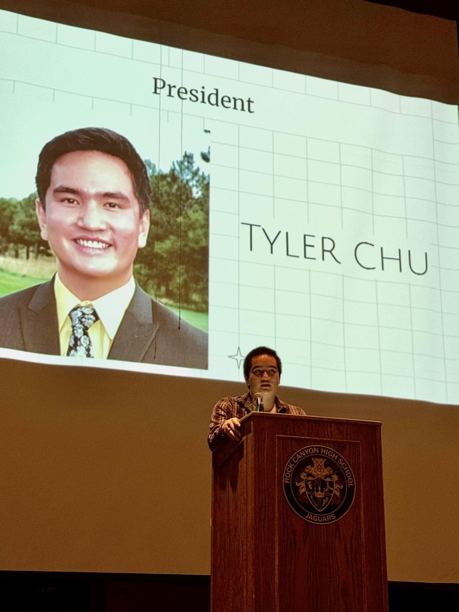 Tyler Chu ‘25 presents his speech at National Honor Society’s (NHS) elections in the auditorium April 12. He and 13 other nominees addressed their peers in one to two minute speeches to gain votes in order to join next school year’s NHS officer team. At around 3 p.m., the votes were tallied, and Chu learned that he had won the presidential campaign. “I feel truly inspired by the peers around me. My only hope is that I can do right by them,” Chu said. The new NHS officers for the upcoming school year will be: President Tyler Chu ‘25, Vice President Aditya Khanolkar ‘25, Secretary Kaylin Stancik ‘25, Historian Petra McGowan ‘25 and Public Relations Officer Kavini Giri ‘25.