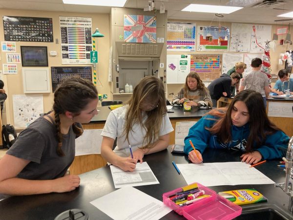 In room 4101, Natalie Patterson ‘26, Ariana Magor ‘25 and Celina Salazar ‘25 create a poster in science teacher Kerry Reilly’s Chemistry Honors April 18. The three completed a worksheet and drawing to explain the implosion of a tank for their unit on gas laws. “At the start of class, we watched a video of the tank imploding,” Patterson said. “I think [making a drawing] is something new. I like more artsy activities.”