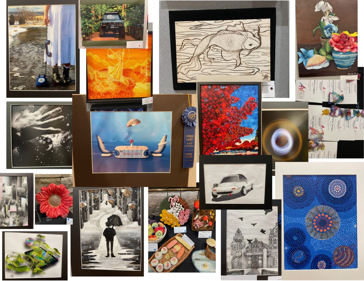 A graphic displays a collage of various pieces of student artwork and introduces the article “Gallery in a Glance: A Recap of the DCSD Art Show”