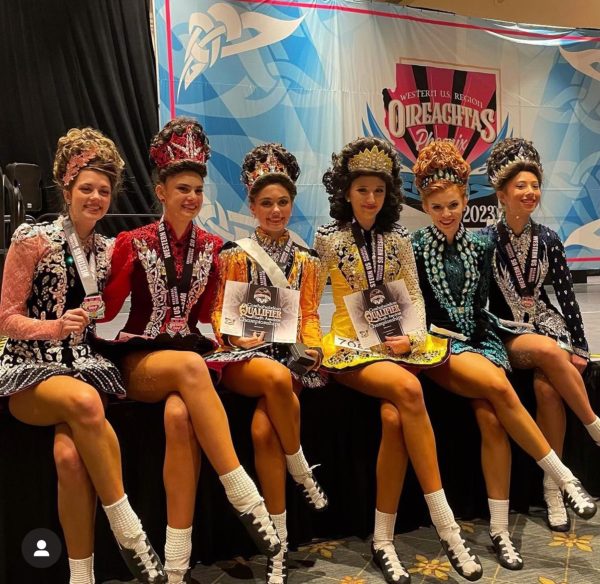 Rock Canyon and Mountain Vista students Ella Hazel Heimer ‘25, Katherine Shuler ‘24, Kerry Soden ‘25, Eleanor Nugent ‘25, Allie Hight ‘23 and Ashley Wolfson ‘26 sit in rainbow order on stage together after their regional competition at Oireachtas Ballroom in Phoenix Arizona November 2023. Each girl, part of the Reed School of Irish Dance, placed differently as this was a solo round but all recalled and attended the award ceremony at the end of the competition. “A good mentality that I always have is that when I get to a competition I remember I’ve already done the practicing that needed to be done, and now I get to just focus on executing it on stage and having fun,” Soden said. 
