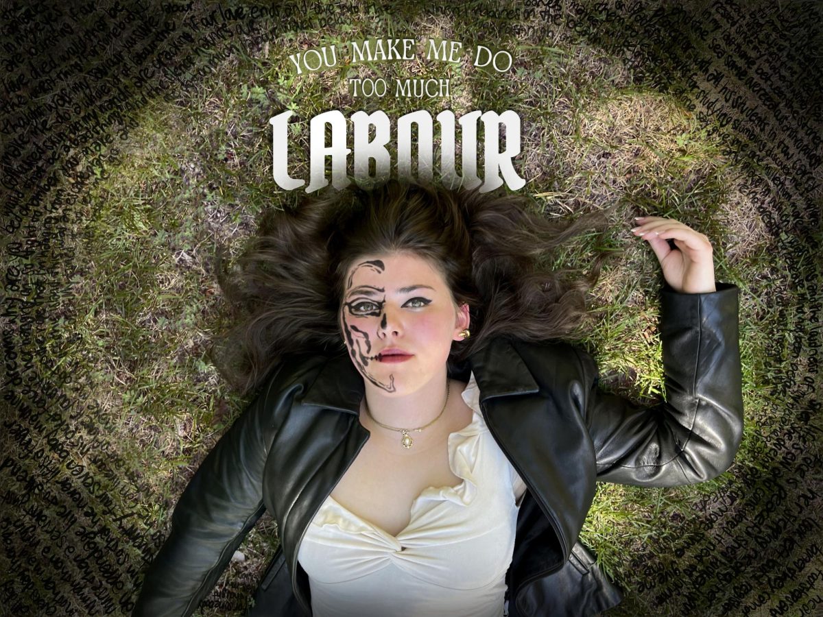 An illustrated photograph depicts Sarah Bloom '25 lying on the ground surrounded by lyrics of songwriter Paris Paloma's song "labour." The piece reads "you make me do too much labour," to quote the chorus of "labour," which was one of 15 songs in Paloma's debut album "Cacophony."