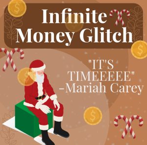 The graphic depicts the words "Infinite Money Glitch" to describe Mariah Carey's Christmas career. 