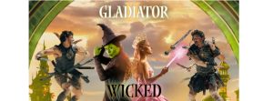 "Wicked" and "Gladiator 2" both came out on Nov. 22. This graphic depicts the four main characters  and the battle between the movies.
