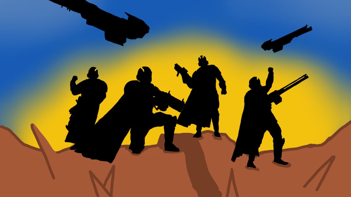 This graphic shows four abstract silhouettes of Helldivers on a rocky planet. Two “Super Destroyers” fly in the sky above.