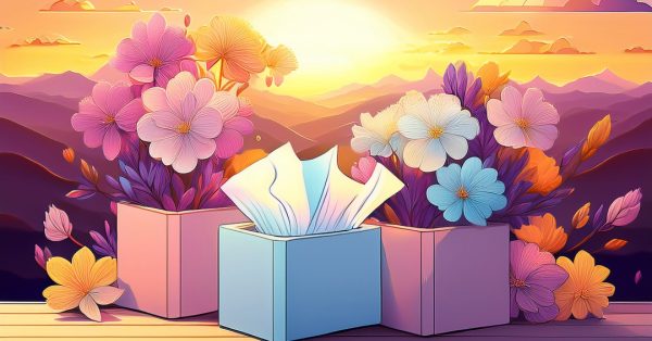 This is a generative AI image made by Adobe Express depicting colorful flowers emerging from a tissue box, a sunset and another tissue box.