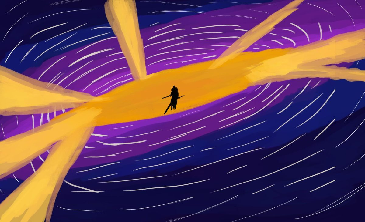 The Night Aspect, a boss from Elden Ring Nightreign, cuts through the night sky. This boss is highly praised for its aesthetic and game design.