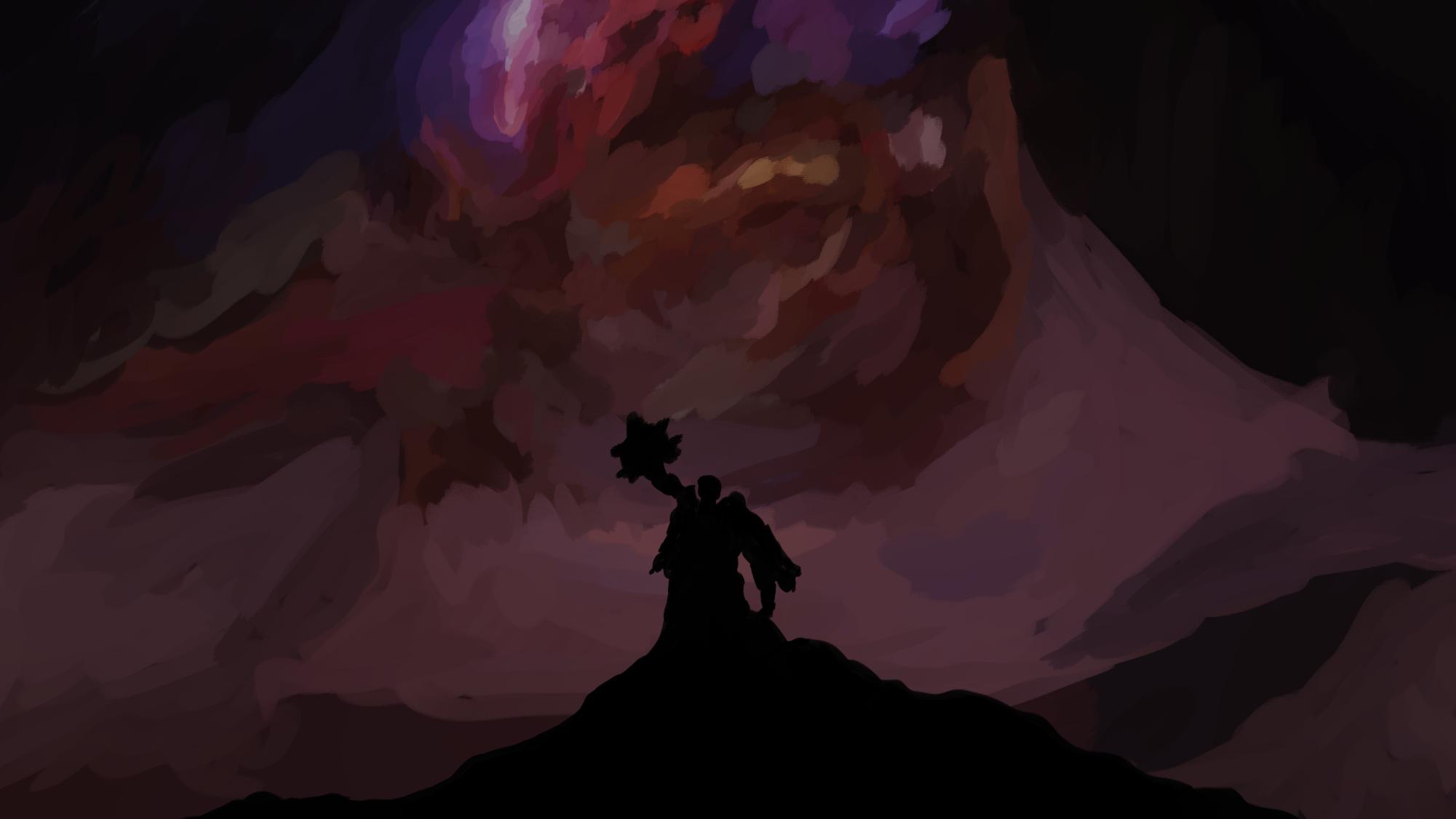 This painting depicts the Dreglord, a boss in the Forsaken Hollows, in the middle of an attack against a background of rotting sky.

