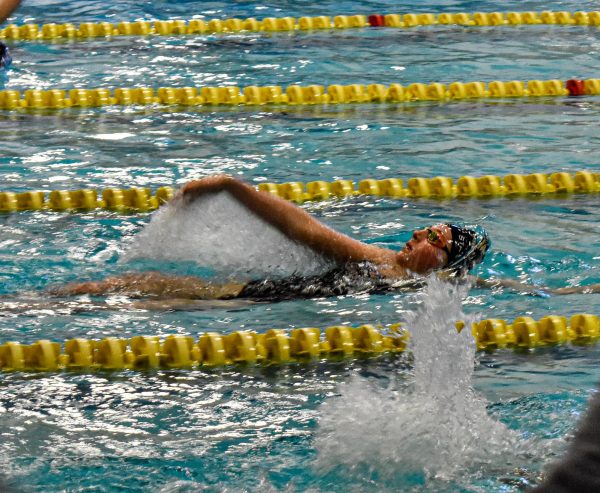 During the Big Cat Brawl, varsity swimmer Avery Clements ‘28 competes in the 100 Backstroke at Littleton High School Dec 6. The Jaguars placed second to 10 other schools with 421 points with Chaparral High School placing first with 432 points. “I think we're gonna do really well. Everyone's super excited. This was kind of like our first big meet. So this was kind of like a taste as to what really huge fun meets are like,” Zoe Solano ‘26 said.