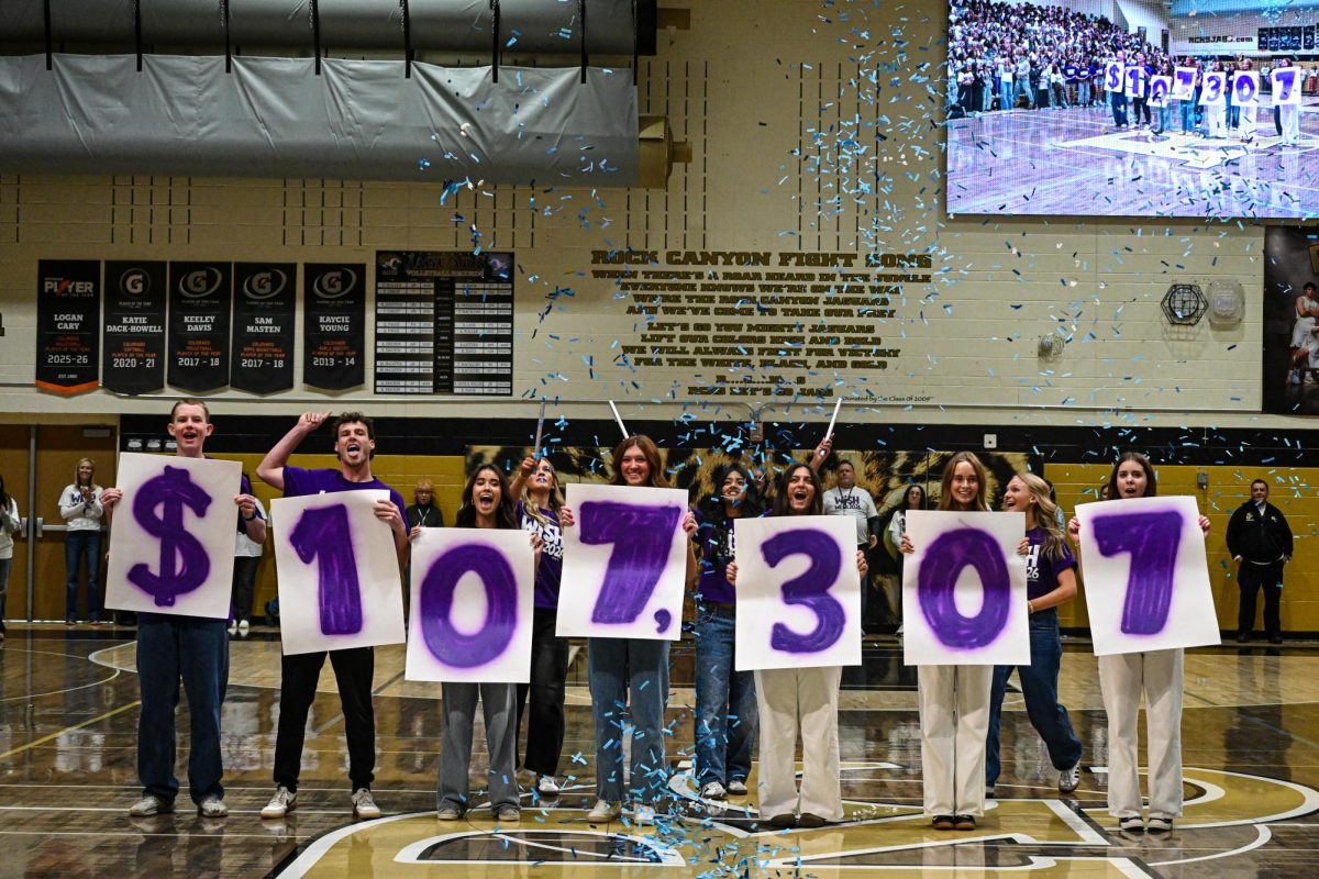 Student Council members Kiefer Duval '26, Porter Glauser '27, Brooke Potter '26, Kate Rolf '26 and Hailey Withey '26 reveal the total sum of money raised throughout this year's Wish Week. 