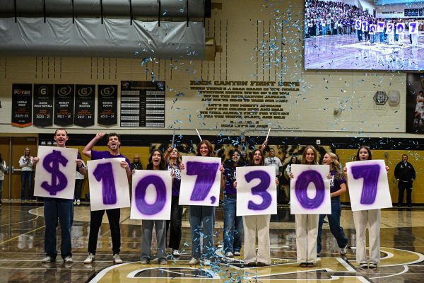 Student Council members Kiefer Duval '26, Porter Glauser '27, Brooke Potter '26, Kate Rolf '26 and Hailey Withey '26 reveal the total sum of money raised throughout this year's Wish Week.