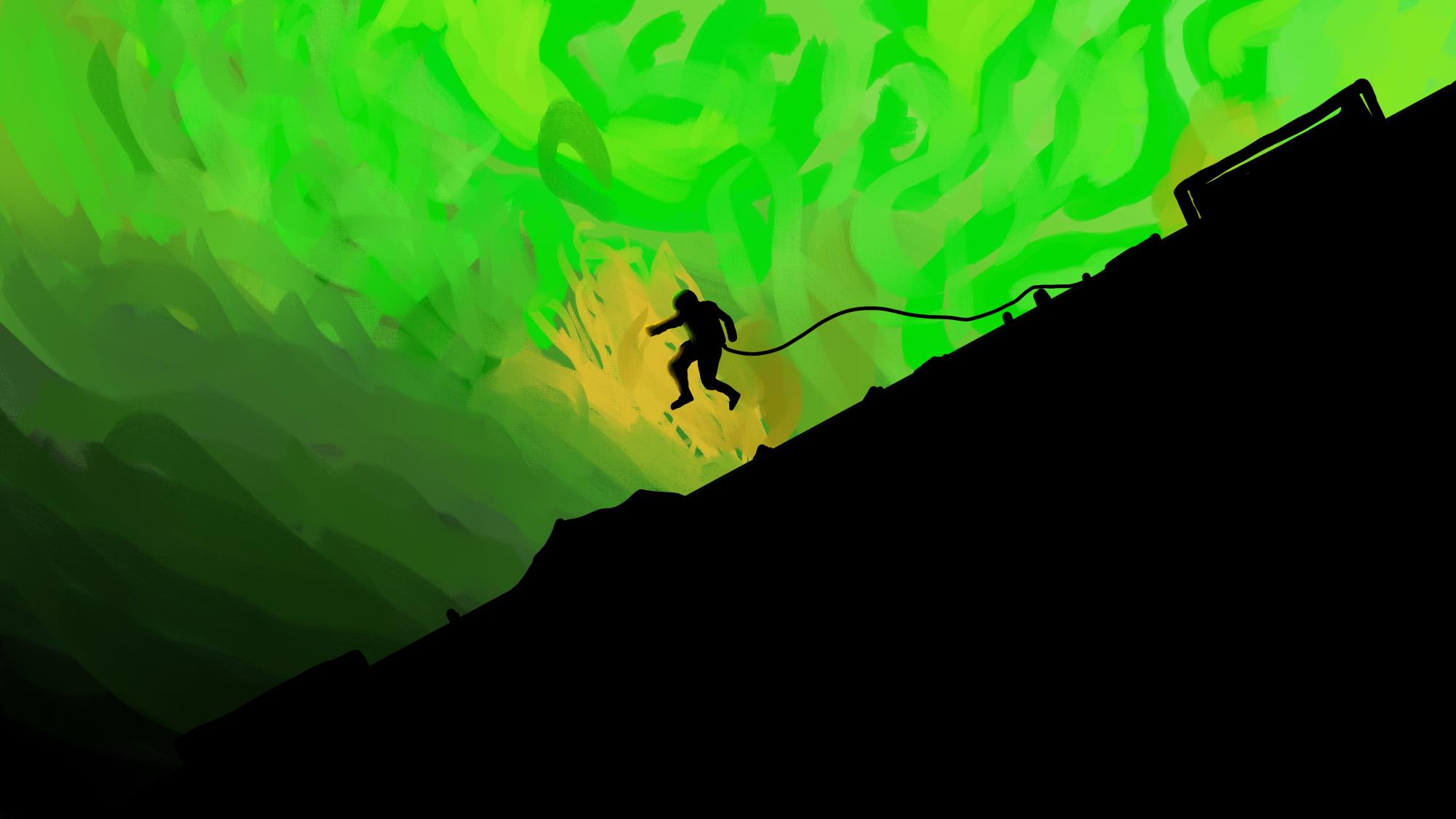 This painting shows an artistic representation of Ryland Grace (Ryan Gosling) leaping off his ship into space in front of a vibrant green planet.